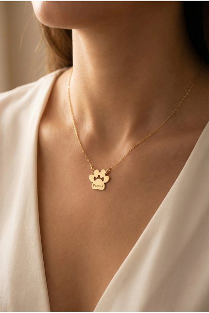 925 Ayar Gümüş Kişiselleştirilebilir Pati Detaylı 14 Ayar Altın Kaplama Gold Rengi Gümüş Kolye