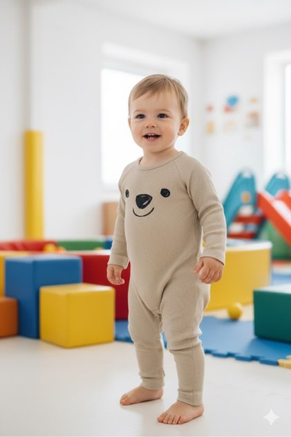 بذلة أطفال بأكمام طويلة بلون كريمي مع أذنين