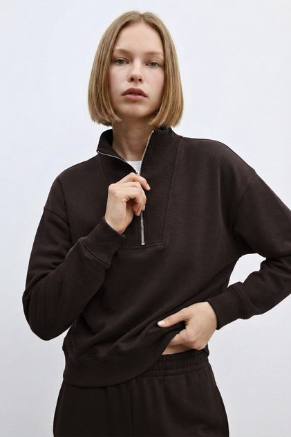 Kahve Fermuarlı Dik Yaka Yumuşak Dokulu Sweatshirt - Kahverengi 3