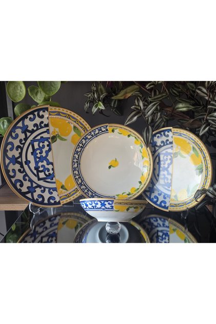 El Yapımı 24 Parça 6 Kişilik Porselen Yemek Takımı Lemone Serisi