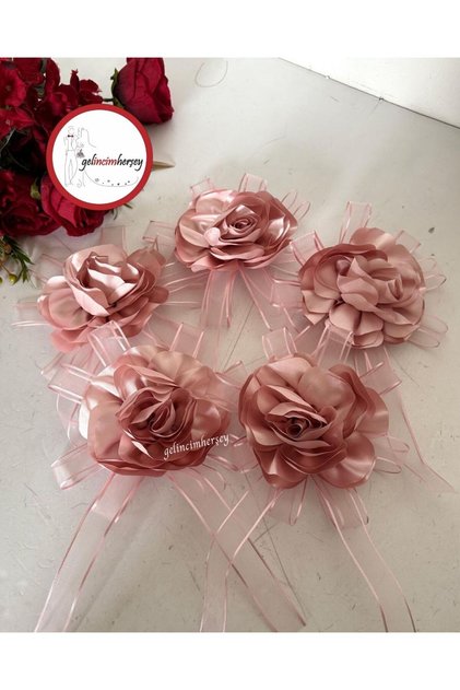 5'li Pudra Pembe Saten Dekoratif Çiçekli Iğneli Söz,nişan,çeyiz Için Bohça Süsü