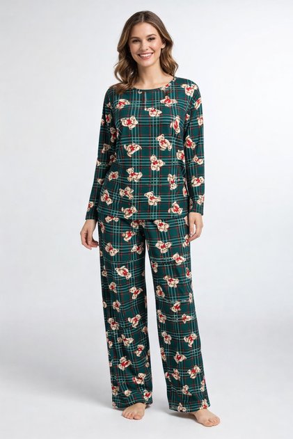 Women's Pajama Set Long Sleeve Micro Suede Fabric Teddy Bear Printed Bottom Top