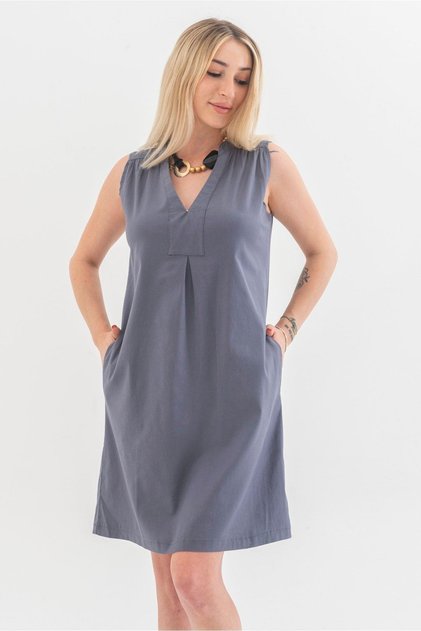 Pocketed Washed Cotton Stretch Fabric Dress Gray