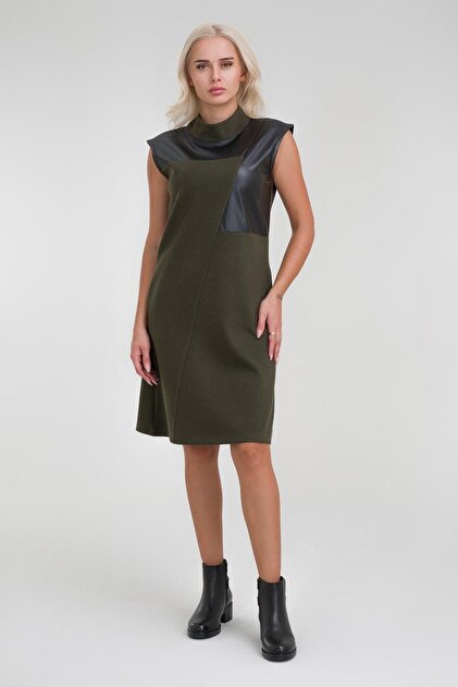 Bold & Young Women's Khaki Color Faux Leather Combination Cotton Lycra Sleeveless Stand Collar Pocket Dress- Trendyol Bold & Young Women's Khaki Color Faux Leather Combination Cotton Lycra Sleeveless Stand Collar Pocket Dress- Trendyol