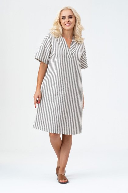 Women's Pocketed V-Neck Short Sleeve Cotton Dress Blue Ecru Striped