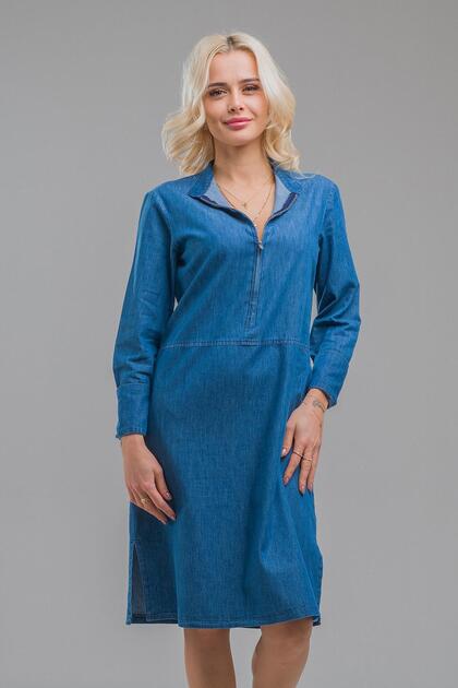 Women's Indigo Stand Collar Zippered Sleeve Buttoned Wide Cuff Pocket Thin Denim Dress