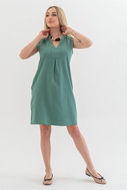 Pocketed Washed Cotton Stretch Fabric Dress Mint Green