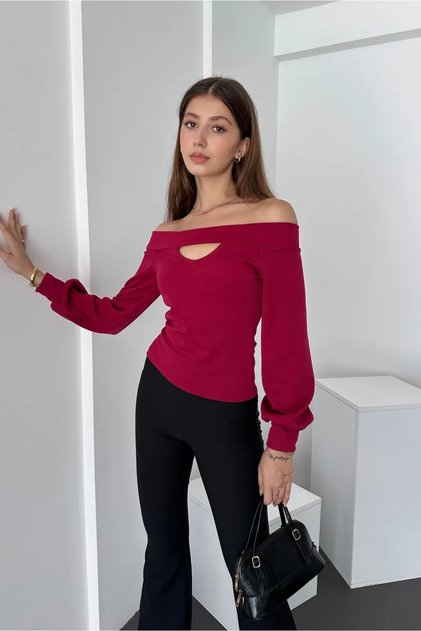 Women's Boat Neck Long Sleeve Cut Out Detailed Blouse Claret Red