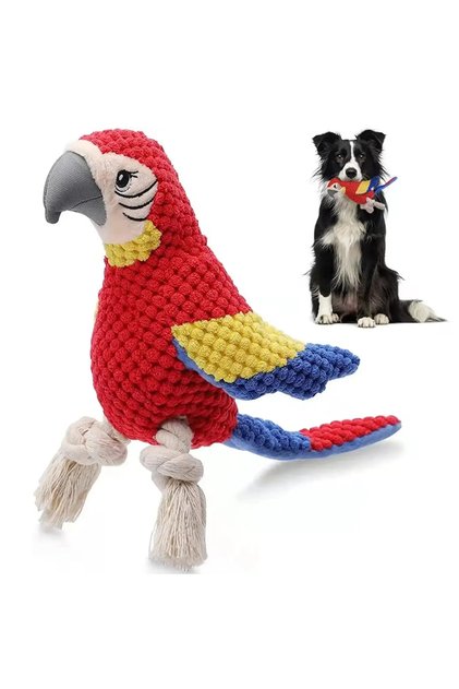 Red Indestructible Plush Parrot Dog Toy, Squeaky Stuffing Toy, Pet Supplies for Small and Big Dogs
