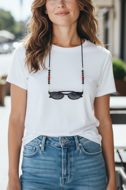 Black Stone Red Heart Chain Sunglasses Chain Eyeglass Cord Strap Accessory