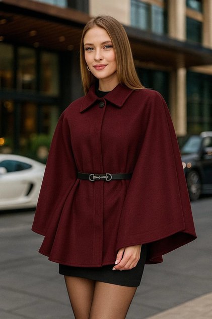 MANDARIN COLLAR MELTON PONCHO WITH BELT DETAIL
