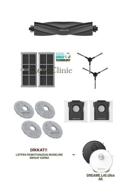 Dreame L40 Ultra AE Robot Süpürge Uyumlu Yedek Toz Torbası, Fırça, Hepa Filtre, Mop Seti-11 Parça