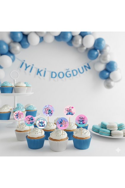Stitch temalı cupcake kürdanı 20 adet yuvarlak kesim