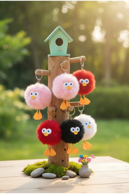 1Pc Pompom Plush Bird Figure Keychain (Color Random)