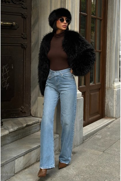 Damen Palazzo-Lycra-Jeans mit hoher Taille und Gürteldetail