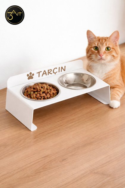 Kişiye Özel Metal Kedi Mama Kabı – Çift Hazneli, Yükseltilmiş, Paslanmaz Çelik