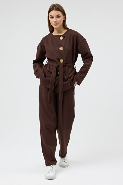 Button Detailed Belted Double Face Fabric Top and Bottom Set