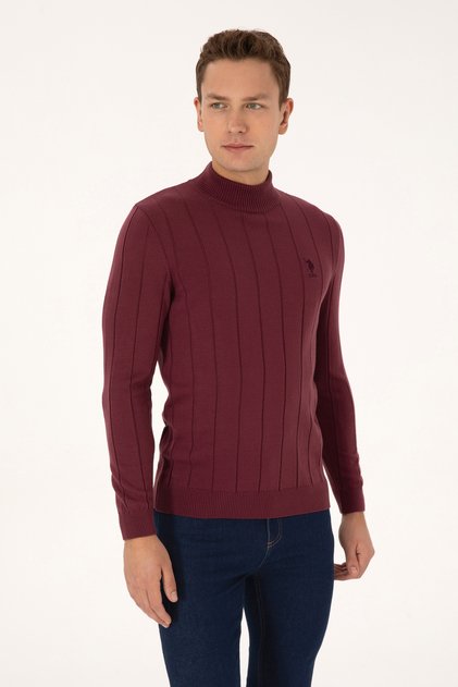 Erkek Slim Fit Yarım Balıkçı Yaka Bordo Kazak 50315019-VR177