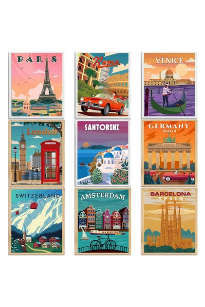 ALAYRA 9 Pieces Vintage National Park Posters, National PPrints Nature Wall Art and Mountain Print Set Abstract Travel Unframed for Hikers Campers Living Room Decor, (Travel City)20X25 CM