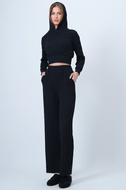 Black Hooded Openwork Knitwear Sweatshirt and Elastic Waist Palazzo Pants Vs01318