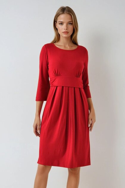 Red Round Neck Quarter Sleeve Gathered Waist Pleated Dress Vs00941