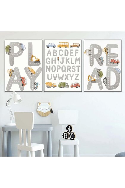 ALAYRA Playroom Wall Art Kids Cartoon Alphabet Wall Art Canvas Painting Read and Play Nursery Wall Pictures, Nordic Art Prints Nursery Posters Baby Boy Room Decor Unframed61X40.6 CM