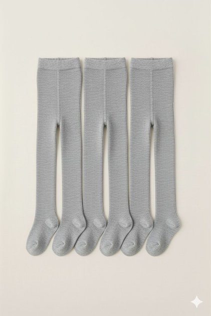 3-Piece School Socks Washed Plain 77% Bamboo Socks Girls' Pantyhose Gray