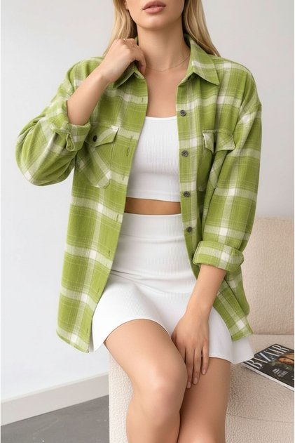 Women's Patterned Color-Block Flannel Oversized Loose and Wide-Fit Casual Pocketed Collared Shirt Jacket