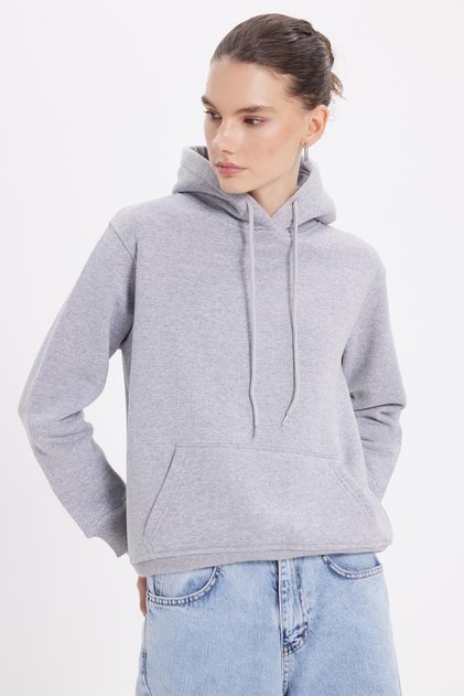Women's Relax Fit Comfortable Cut Cotton Hooded Kangaroo Pocket Gray Sweatshirt
