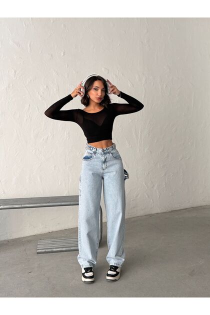 Ice Snow Side Belt Epaulette Baggy Pants with Buckle
