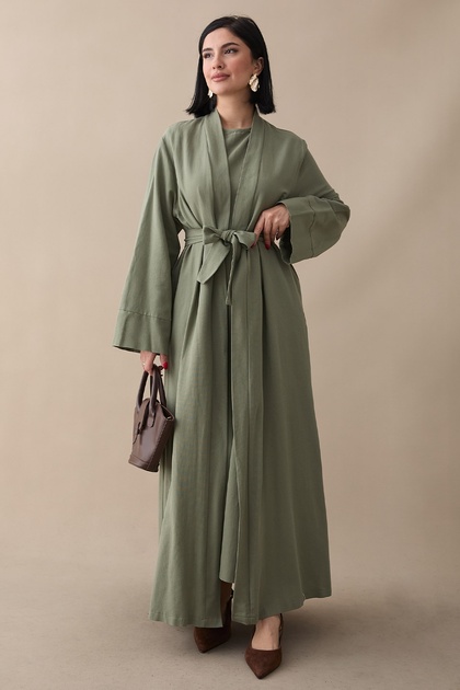 InStyle Truvakar Mint Green Linen Suit with Sleeve Abaya Dress- Trendyol