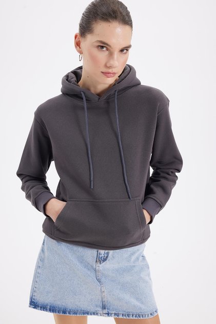 Women's Relax Fit Comfortable Cut Cotton Hooded Kangaroo Pocket Smoked Sweatshirt