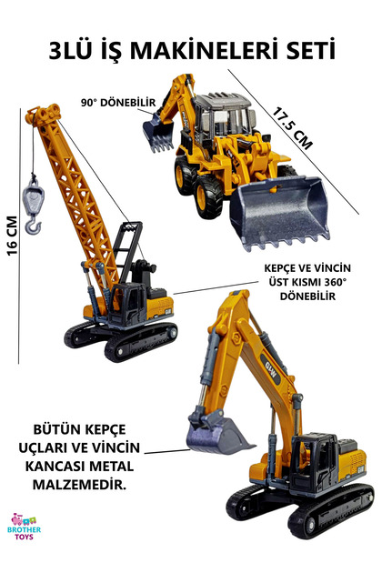 3'lü İş Makinesi Seti Kepçe, Vinç, Kazıcı-Yükleyici - Metal Uçlu İş Makinaları Küçük Boy