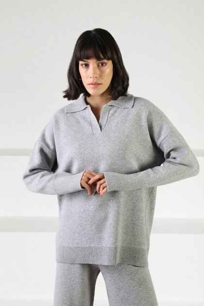 Gray Long Sleeve Relaxed Fit Polo Neck Cashmere Women's Knitwear Sweater