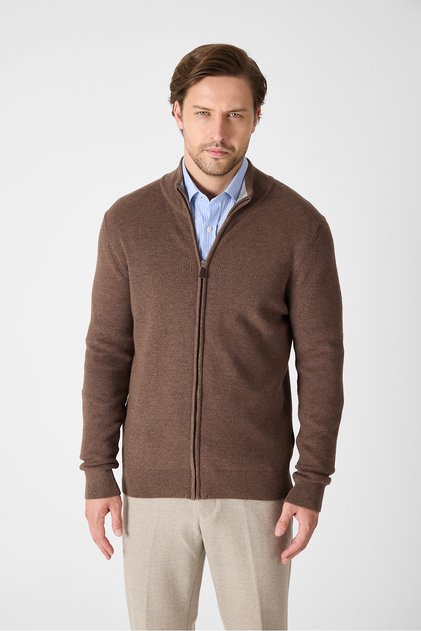 Mattias Men's Brown Thessaloniki Braided Full Zip Mock Neck Regular Fit Cardigan Sweater