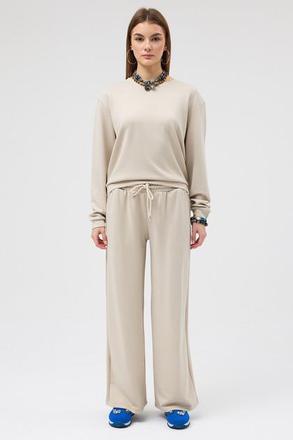 Women's Crew Neck O Fabric Beige Sweatshirt