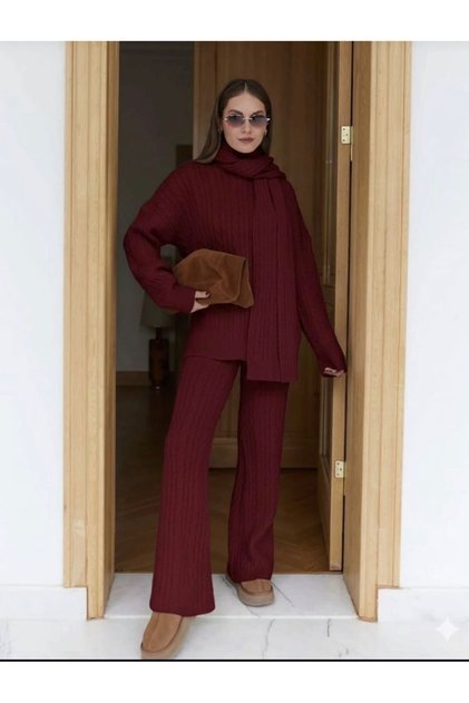 Women's Burgundy Scarf Hair Braided Pants Knitwear 3-Piece Set