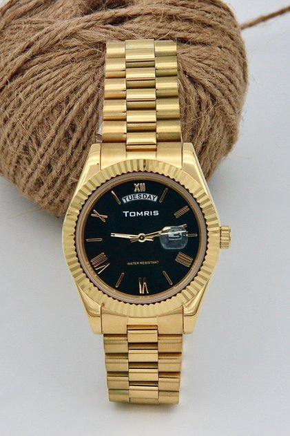 Steel Men's Wristwatch, Water Resistant, Dual Calendar, Golden Yellow Color Cord, Black Men's Wristwatch