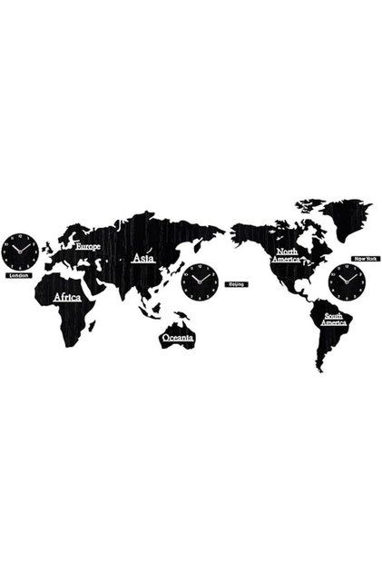 Wooden World Map Wall Clock with Personalized City Time Zone (Black)