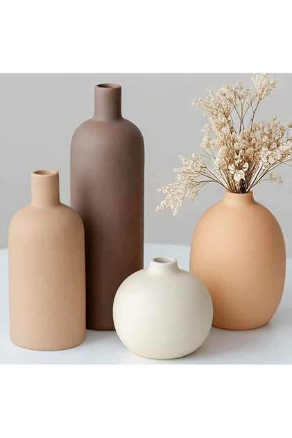 Modern Ceramic Decorative Vases Set, 4 Pieces, Matte Finish, Neutral Earth Tone