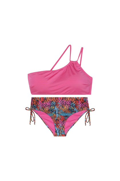 One-Shoulder Patterned Bikini Set with Drawstring Detail