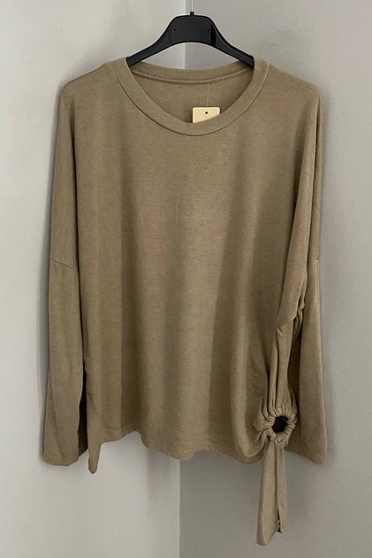 Women's Italian Beige Round Neck Side Ring Lace Detail Knitwear Blouse Sweater