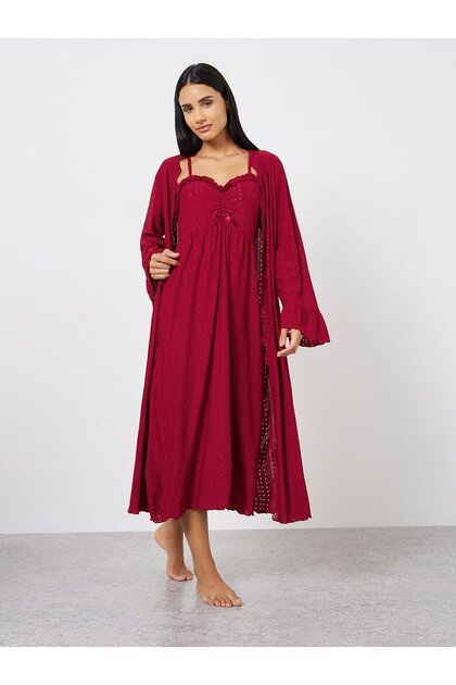 Broderie Lace Trim Detail Ruffle Neck Slip Dress and Robe Set