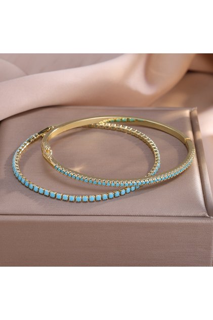 Blue ZAKOL 2Pcs/Set New Turquoise Shiny Zircon Tennis Bracelet Set for Women Fashion Blue Stone Wedd