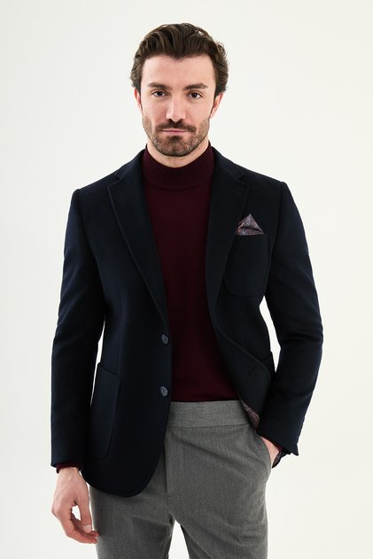Düz Slim Fit Torba Cepli Mendil Detaylı Yün Erkek Ceket Lacivert - 44316.25K