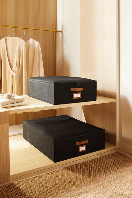 2-Piece Black Jute Under-Bed Suitcase Organizer Supported Box Storage Bag 45X55X18 + 55X70X18
