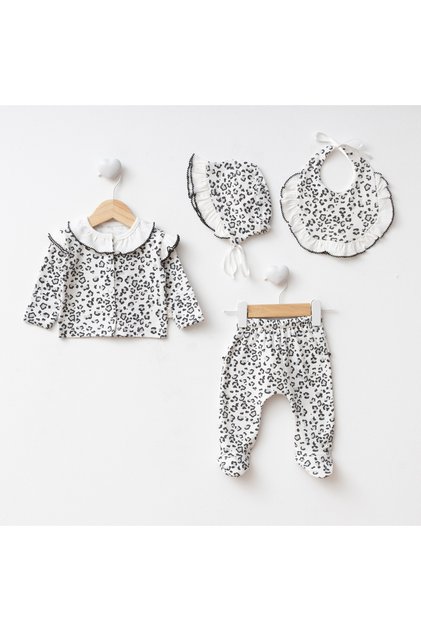 Leopard Patterned 4 Piece Newborn Hospital Discharge Set with Gloves