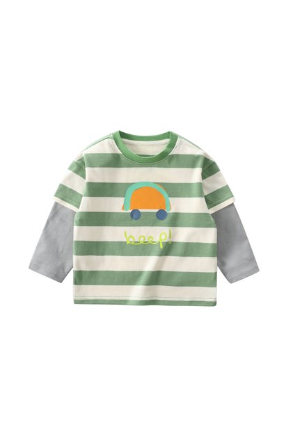 Boys Fake Two-Piece Sweatshirt, Striped Crew Neck Top Green 90 (2-3Years)