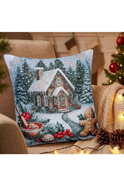 Cookie Man Christmas House Jacquard Woven Tapestry Decorative Christmas Silvery 45*45 Throw Pillow