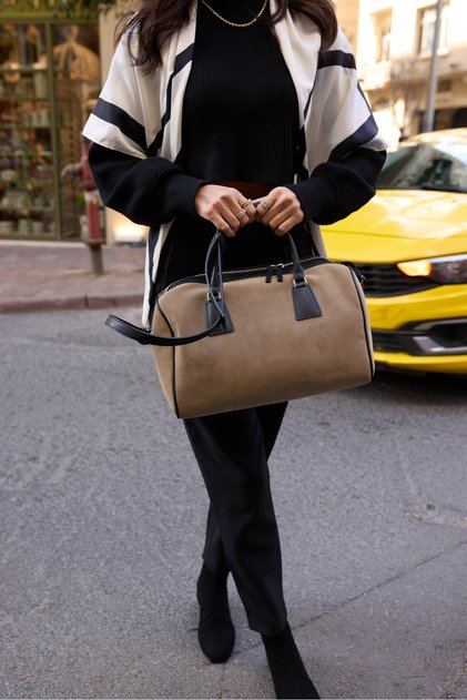 Vi̇stola Women's Beige Black Genuine Leather Suede Gar Paneled Eddy Shoulder Bag